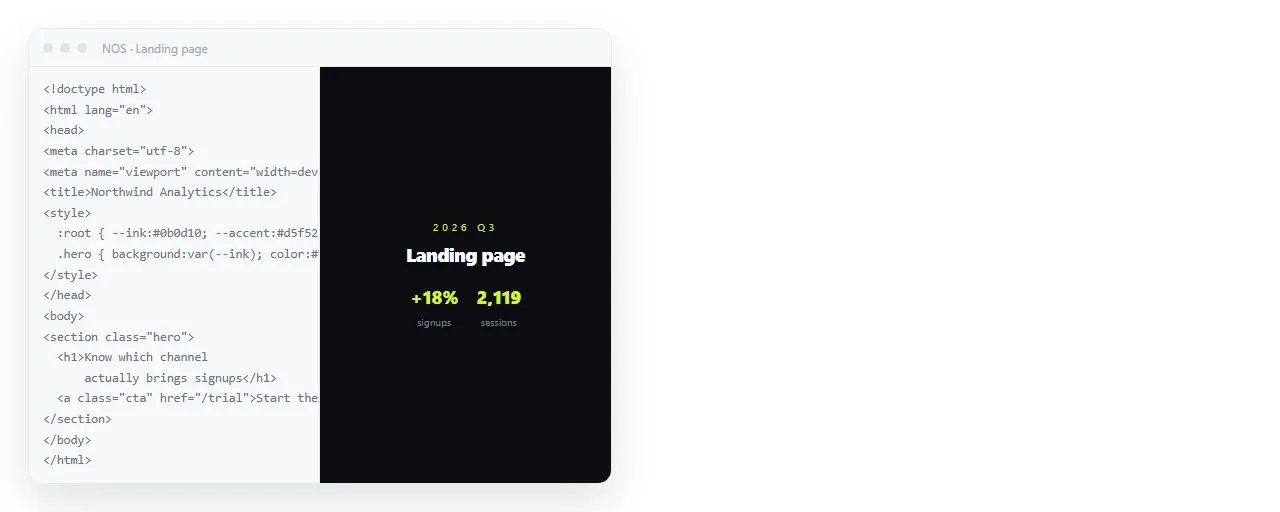 The landing page HTML pasted into a NOS document, rendering as a page at its own address.
