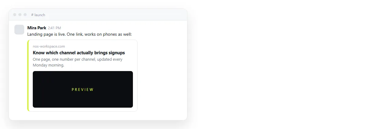 A link to the landing page pasted into a chat window, unfurled into a card with image and title.