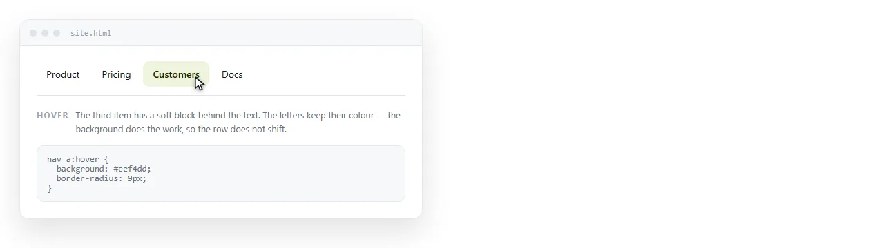 A navigation item on hover, showing a soft background block behind the text rather than only a colour change.