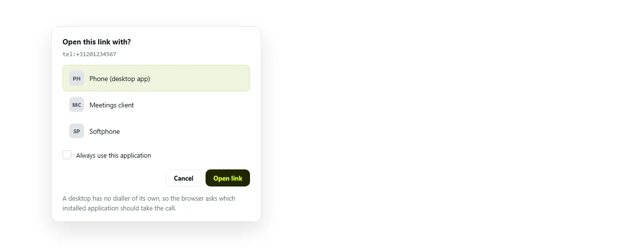 A phone link clicked in a desktop browser. The browser asks which application should handle the call.