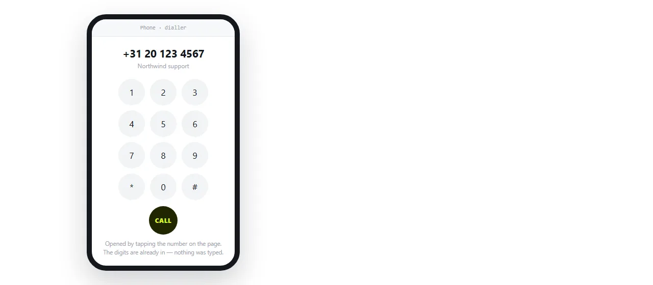 A phone number link tapped on a mobile browser. The dialer opens with the number already entered.