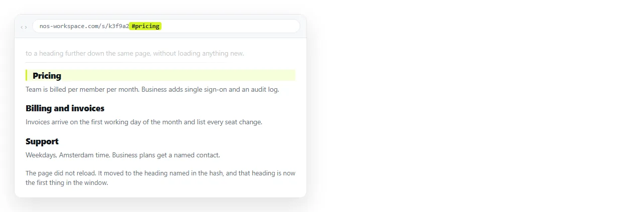 A long page after an in-page link is clicked. The target heading sits at the top of the window and the address bar ends in a hash.