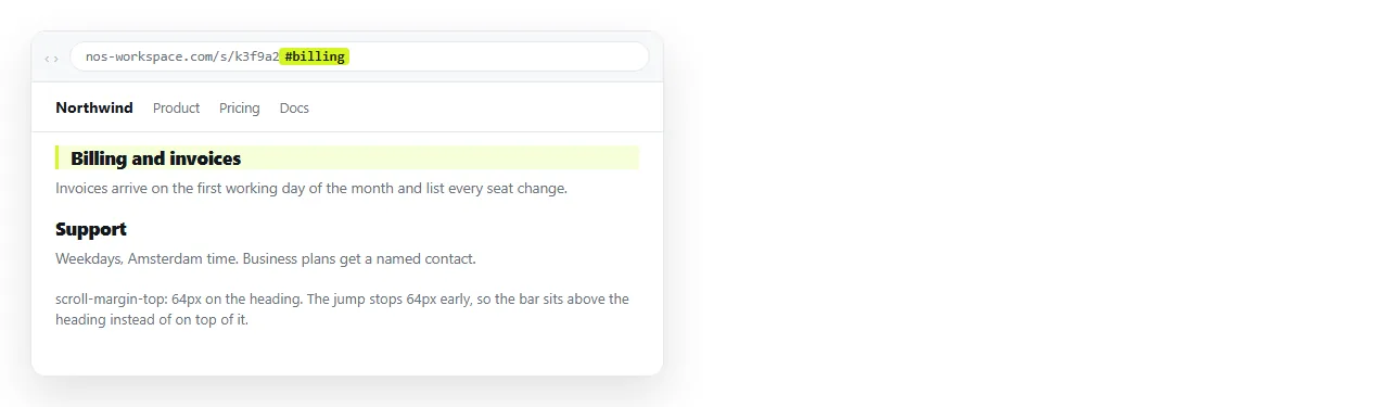 The same anchor target with scroll-margin-top applied. The heading clears the fixed bar instead of hiding under it.