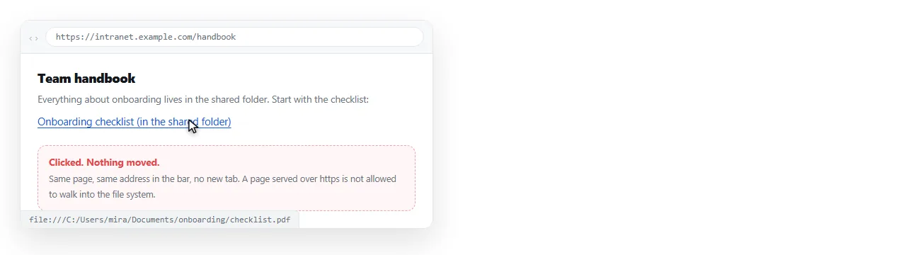 A local file link clicked from a hosted page. Nothing navigates and the page stays where it was.