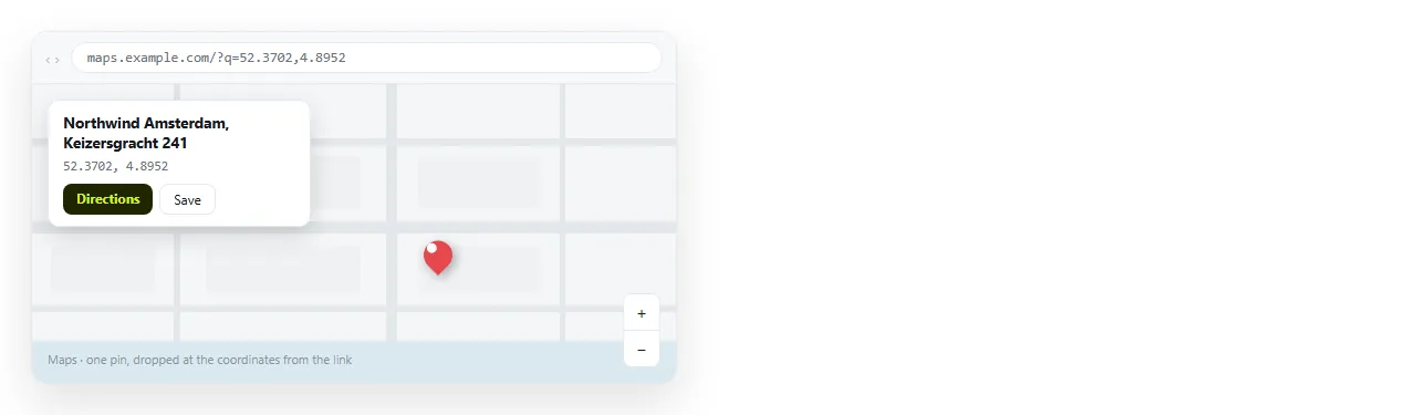 A map link opened from a page. The map application shows a single pin at the coordinates from the link.