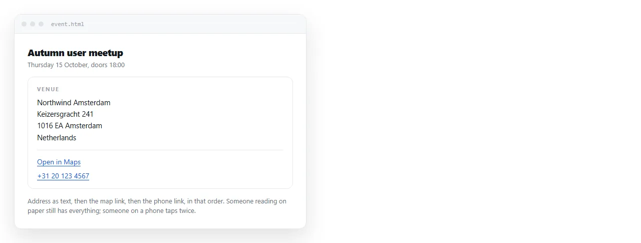 A venue block on a page showing the postal address, a map link and a phone link stacked together.