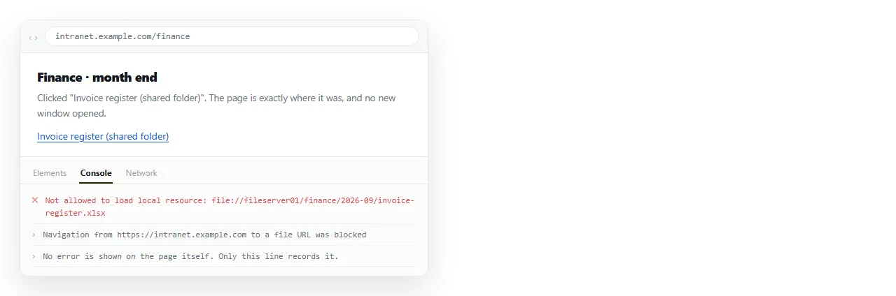 A hosted page after a file link is clicked. Nothing happens on screen and the console records that the navigation was blocked.
