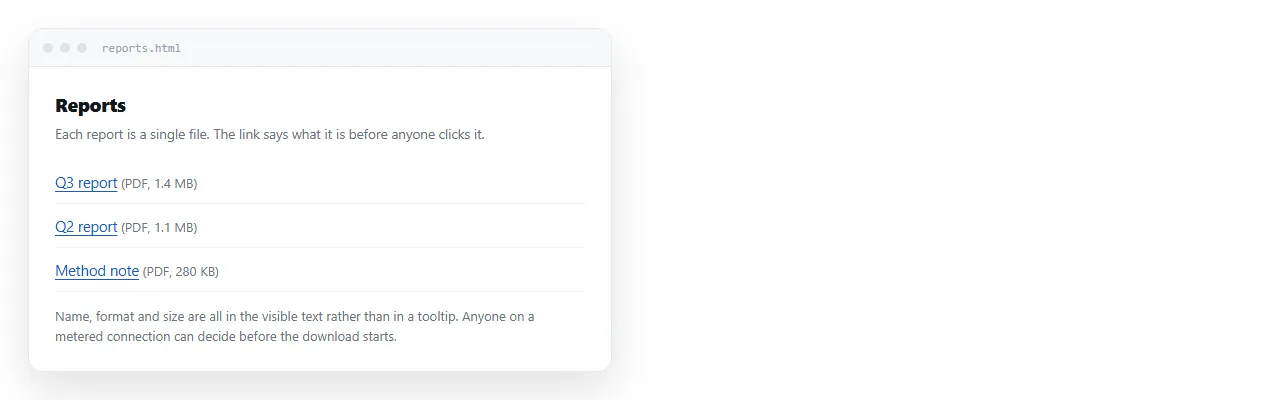 A PDF link whose visible text names the document, its format and its size.