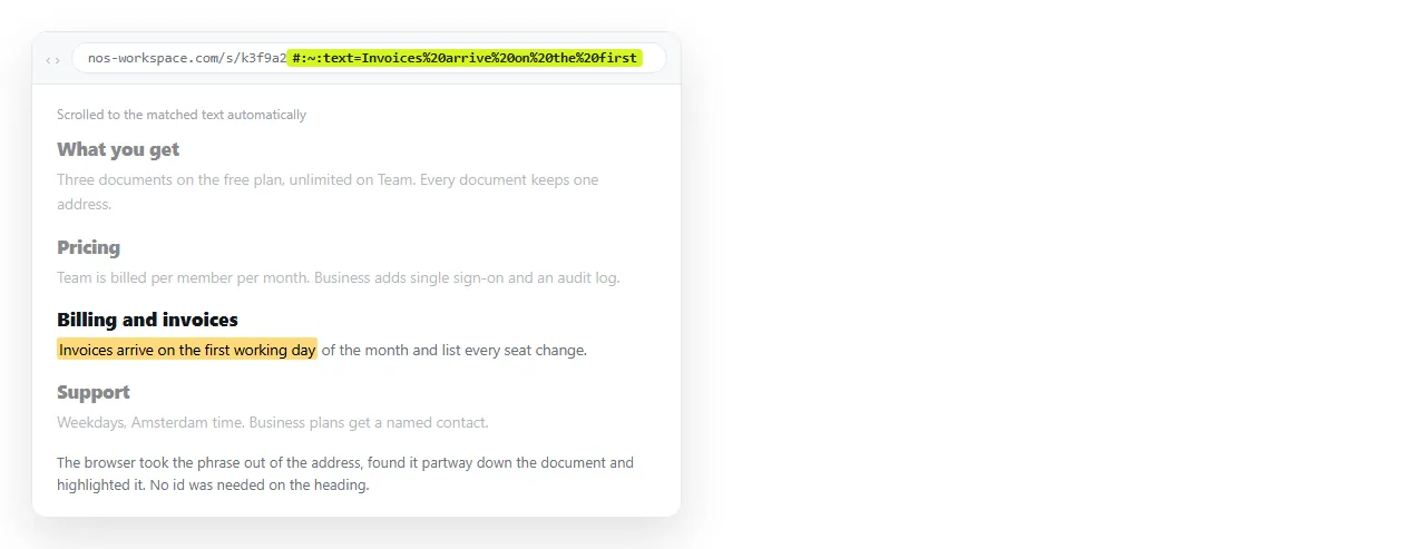 A page opened with a text fragment link. The matched phrase is highlighted partway down the document.