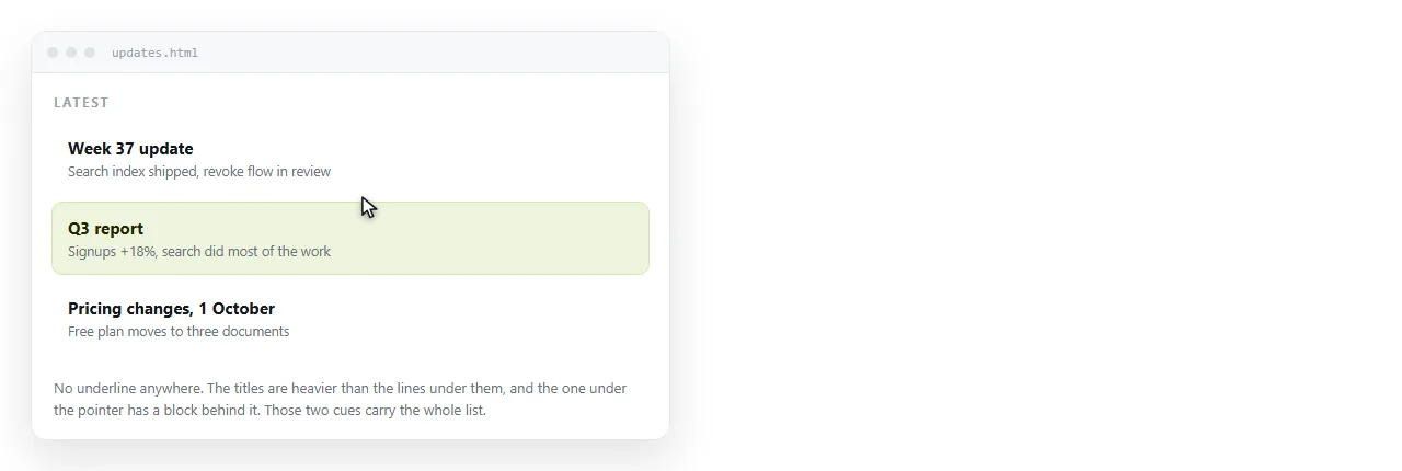 A card list with no underlines, where weight and a hover background mark the titles as links.