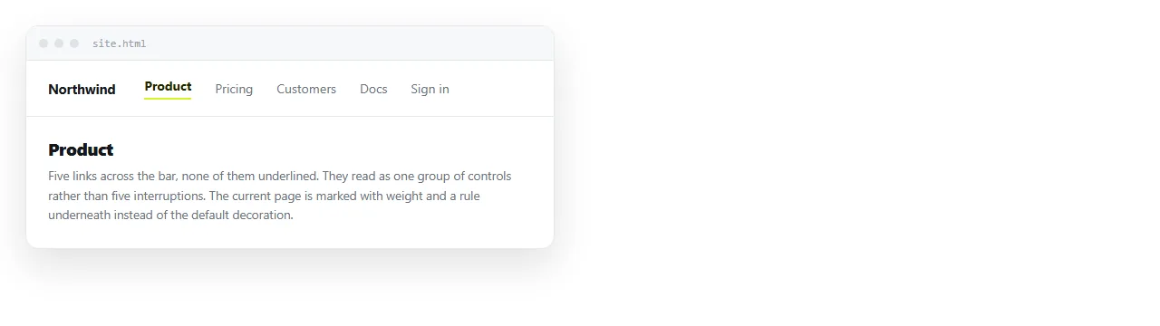 A navigation bar with the underline removed. The links read as a group without the default decoration.