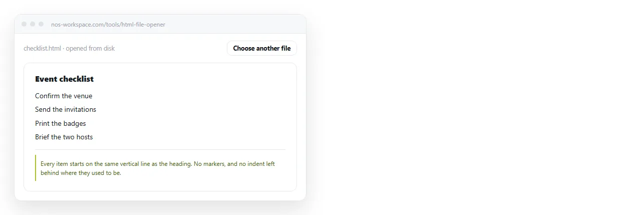 The finished page in the HTML file opener, markers gone and items flush left.
