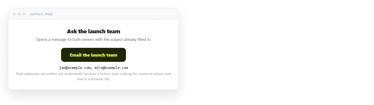 A mailto link styled as a filled button, with the address shown as plain text underneath it.
