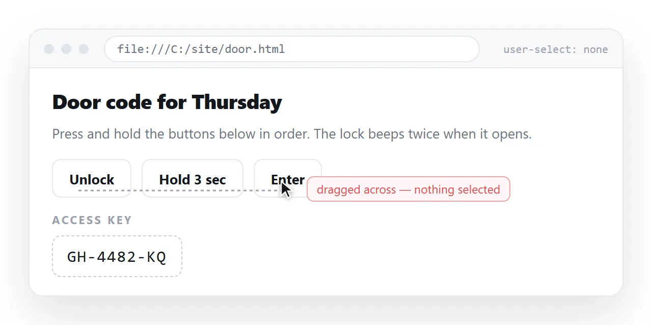 A cursor dragged across a label with selection disabled, leaving no highlight behind.