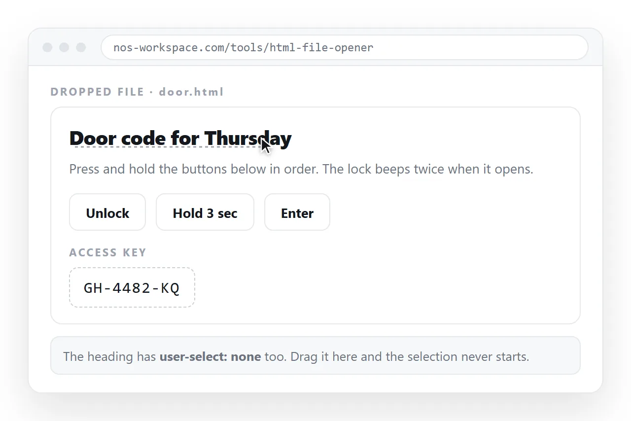 The page in the HTML file opener, with a drag across the heading producing no selection.