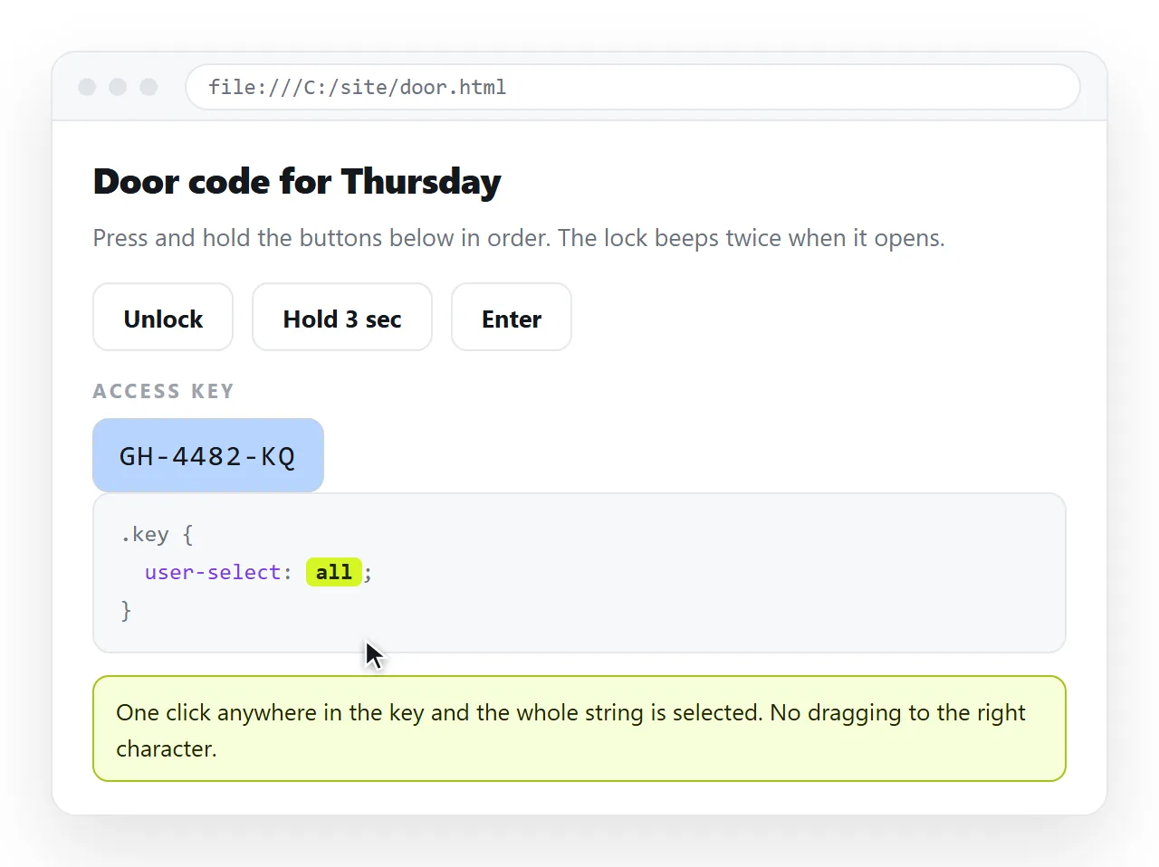 A short key rendered with user-select: all, fully highlighted after one click.