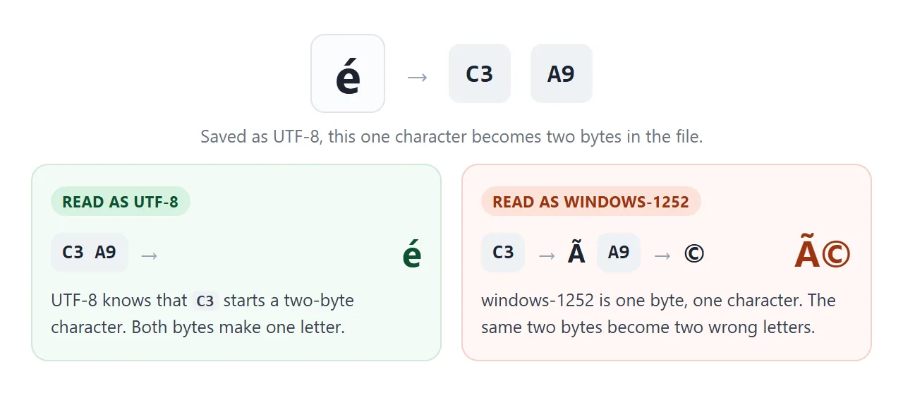 The same two bytes: one letter in UTF-8, two wrong letters in windows-1252.