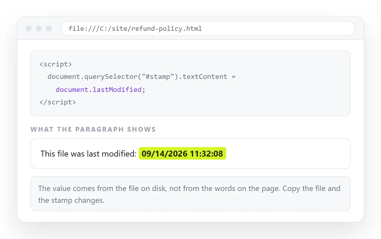 A page printing document.lastModified, with the value shown in the paragraph.