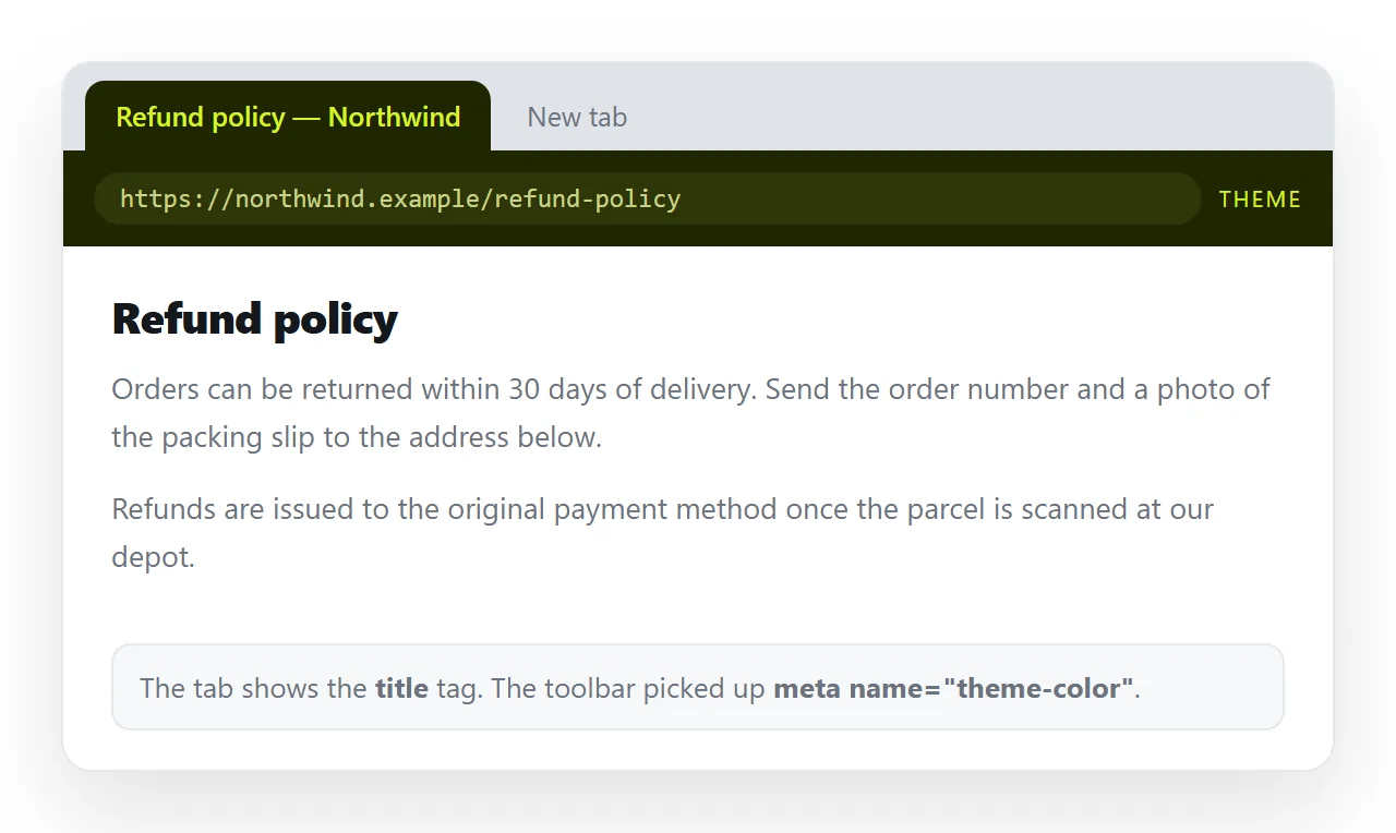 The same page opened from a share link, tab title and theme colour applied.