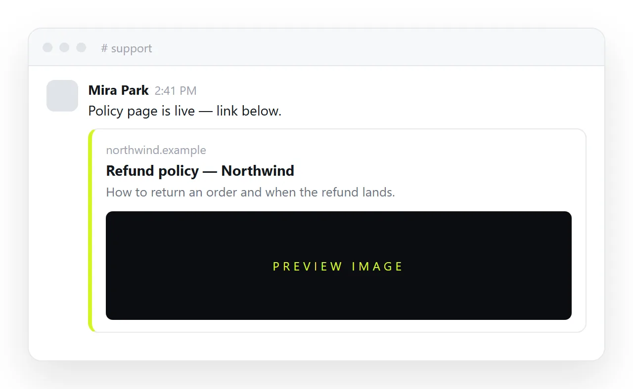 A shared link expanding into a preview card with title, description and image.