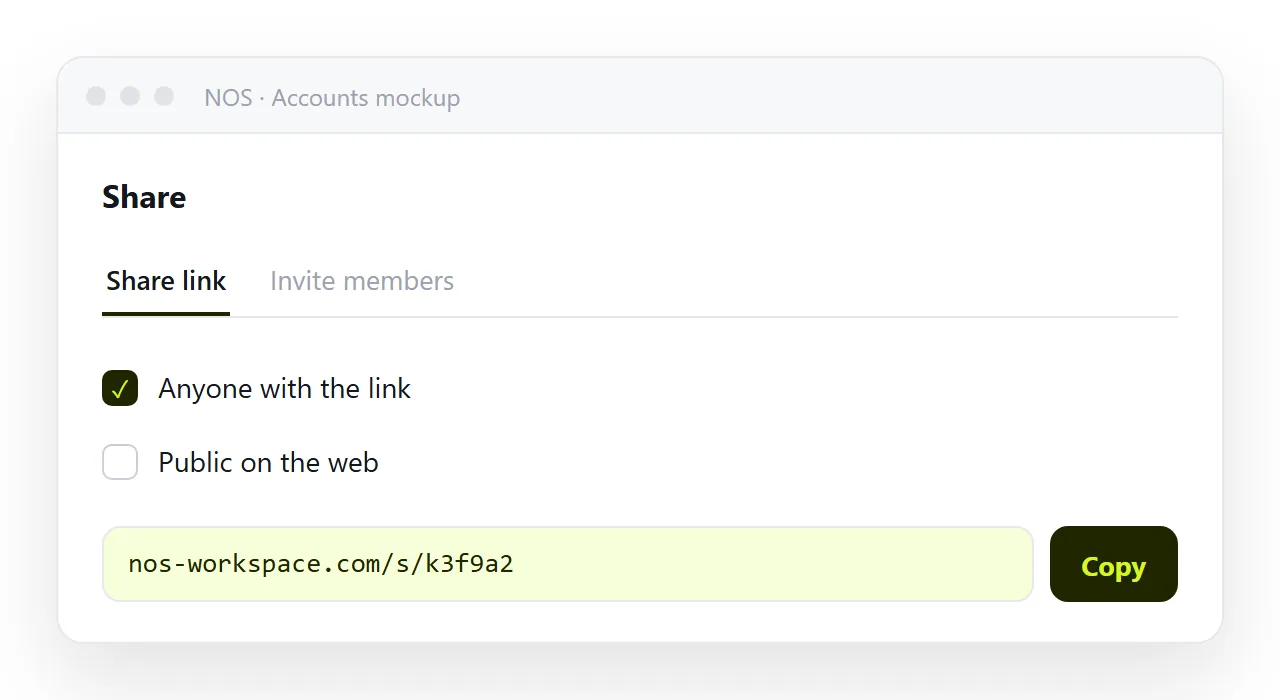 The share dialog with the link created and Public on the web left unticked for a draft.
