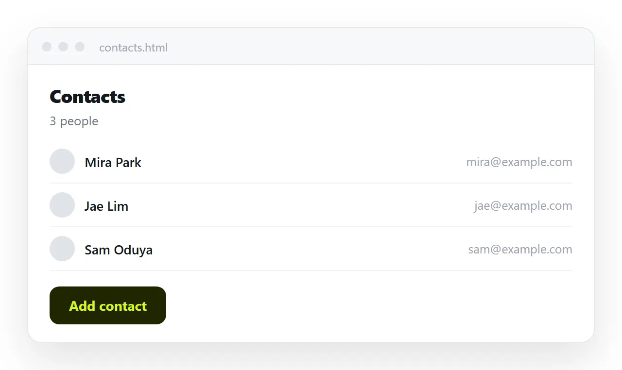 A page with a button labelled Add contact and no dialog visible.