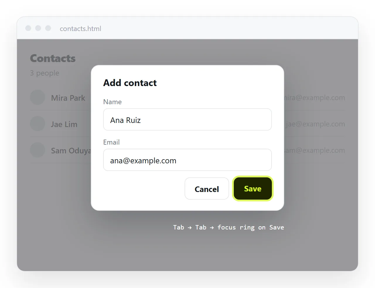 The dialog with focus on the Save button after tabbing from the last field.