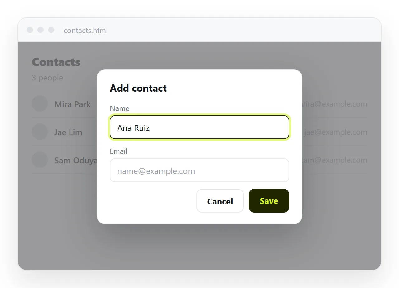 The dialog open over a dimmed page, with two fields and two buttons.
