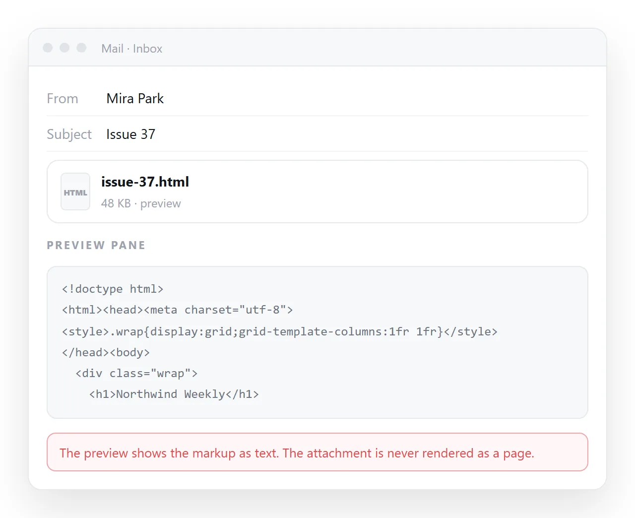 An .html attachment previewed in a mail client, showing markup rather than the rendered page.