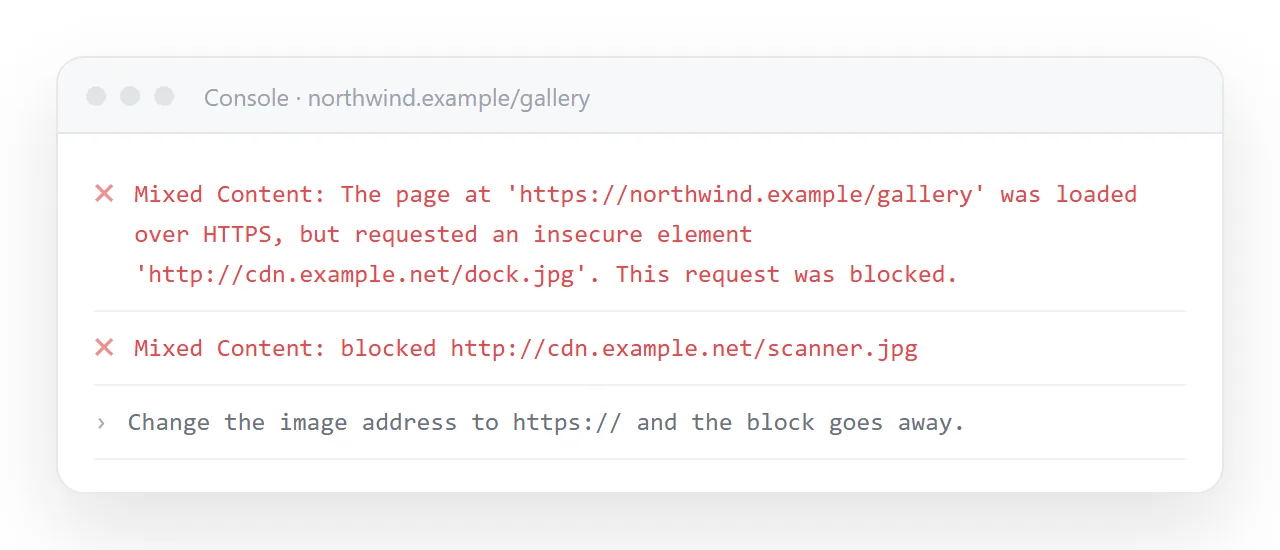 The browser console showing an image request blocked because the page is https and the image address is http.