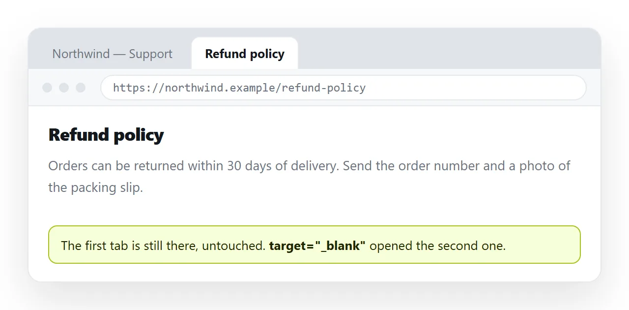 A browser with two tabs open after a link with target blank was clicked from the first.