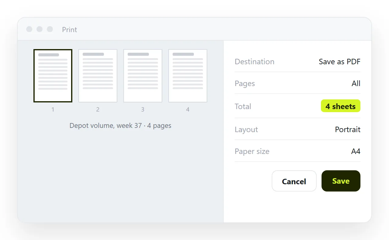 The browser print dialog showing page thumbnails and a page count for the report.