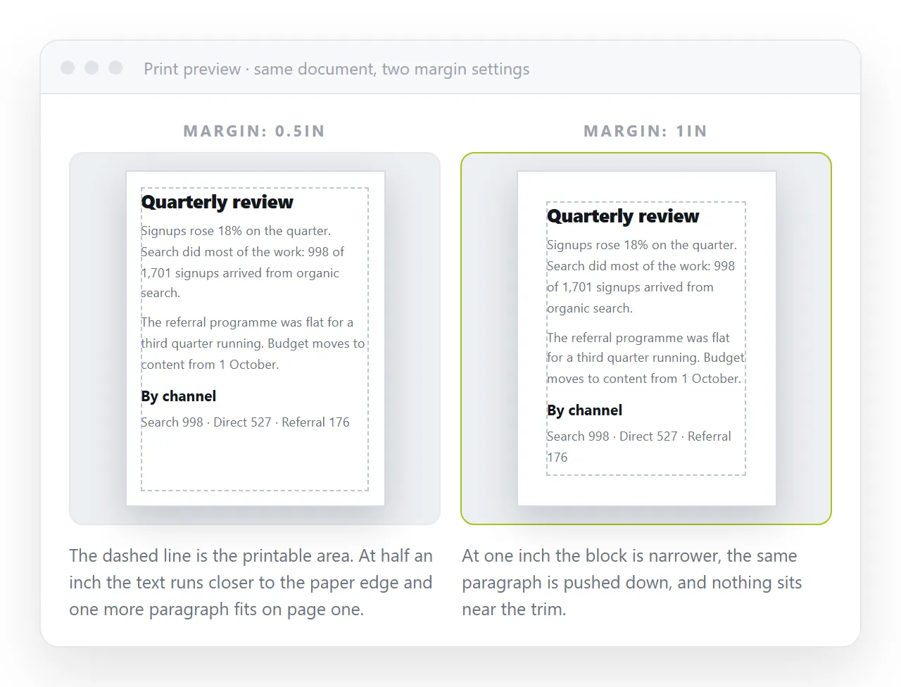 Two print previews side by side, one with half inch margins and one with one inch margins.