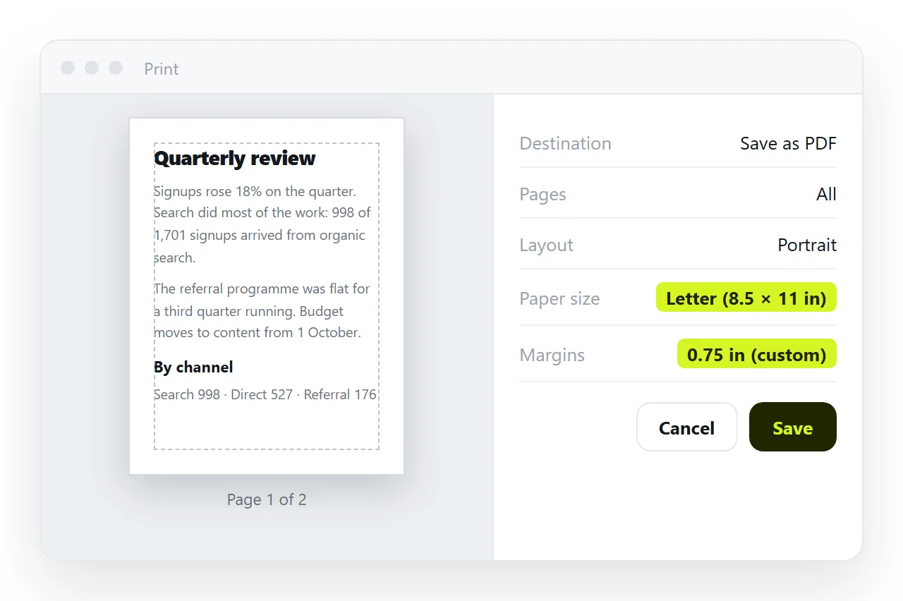 A browser print preview with the paper set to Letter and three quarter inch margins.