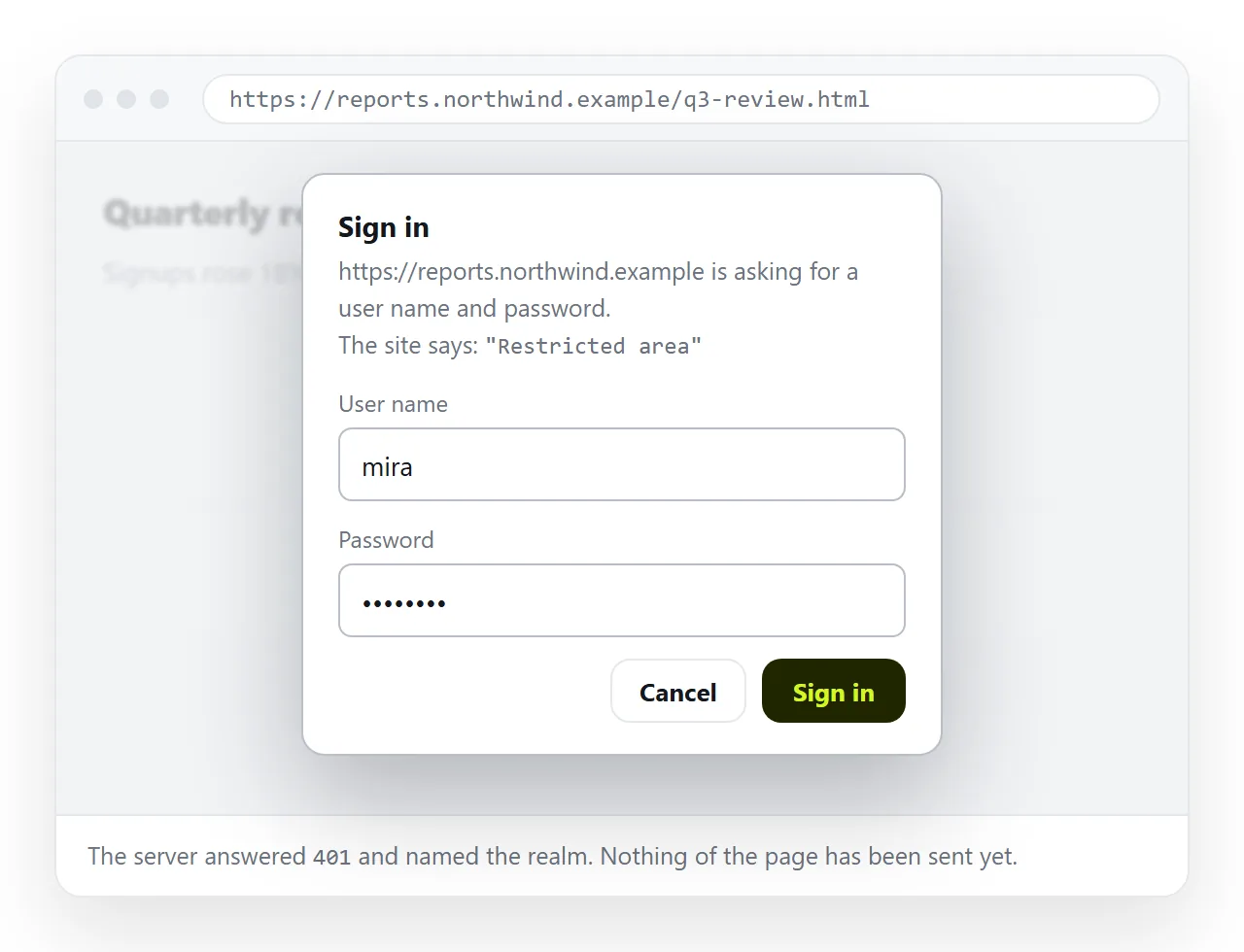 A browser's built-in authentication dialog in front of a page served with basic auth.