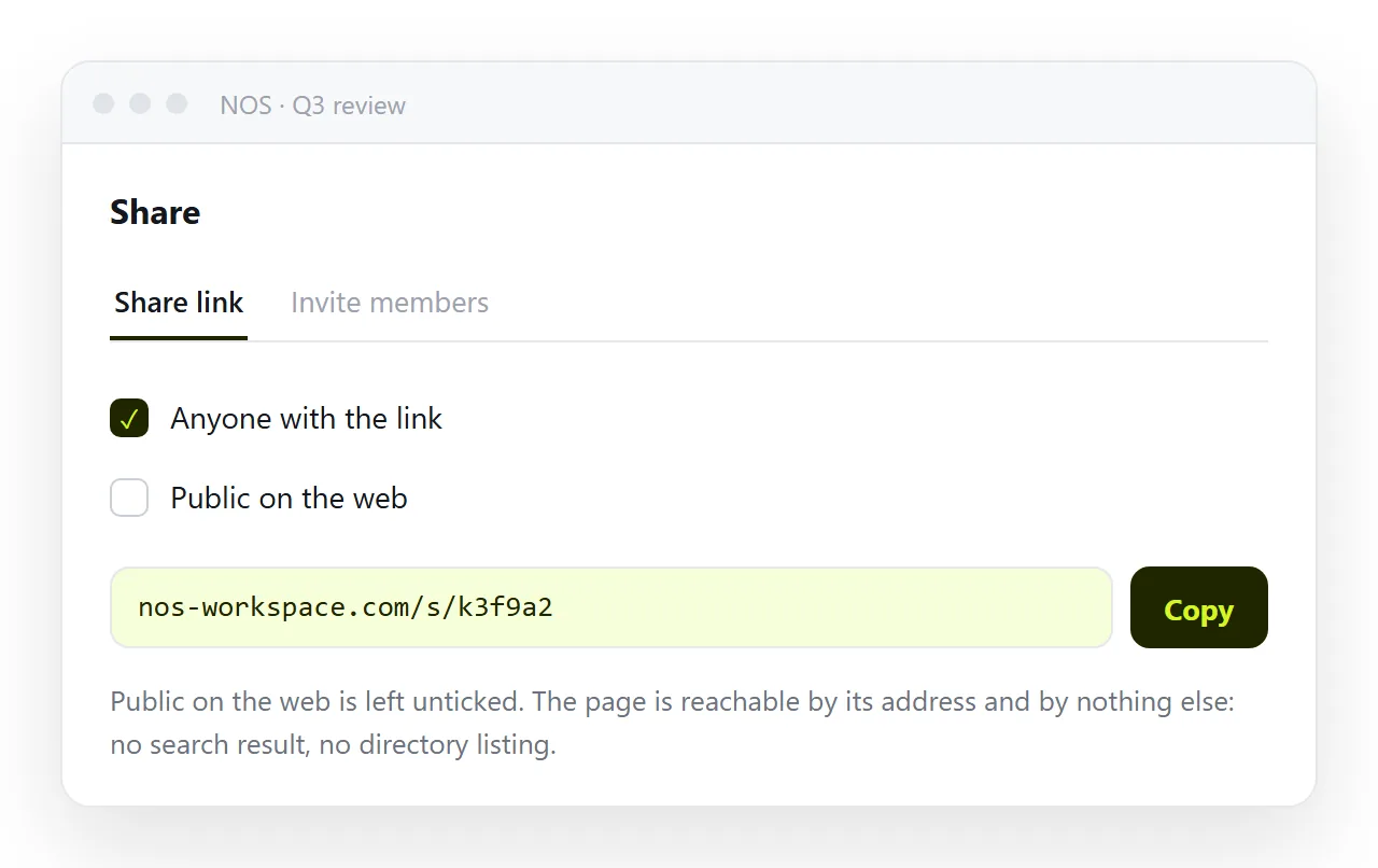The share panel with the link created and the public-on-the-web option left unticked.