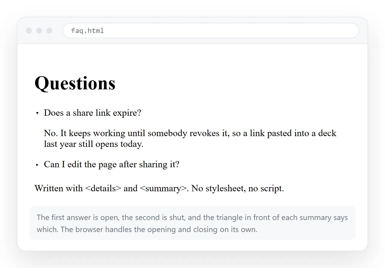 An FAQ page with two collapsible answers, one open, using no stylesheet.