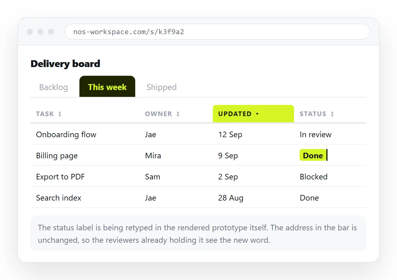 Editing a label in the rendered prototype by clicking the text, with the address unchanged.