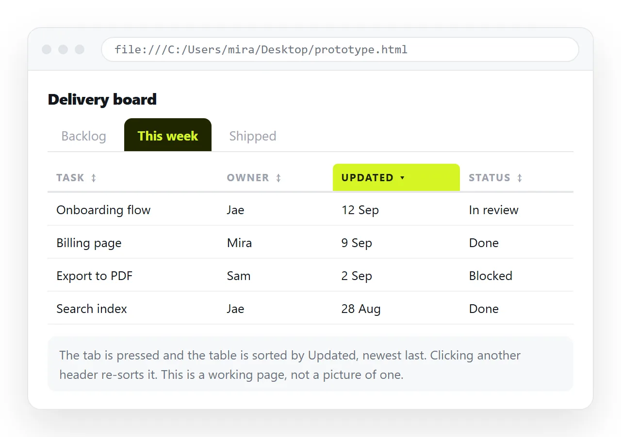 An HTML prototype open in a browser, with tabs and a sortable table responding to clicks.