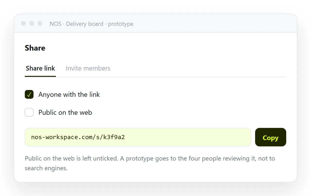 The share panel with the link created and Public on the web left unticked.
