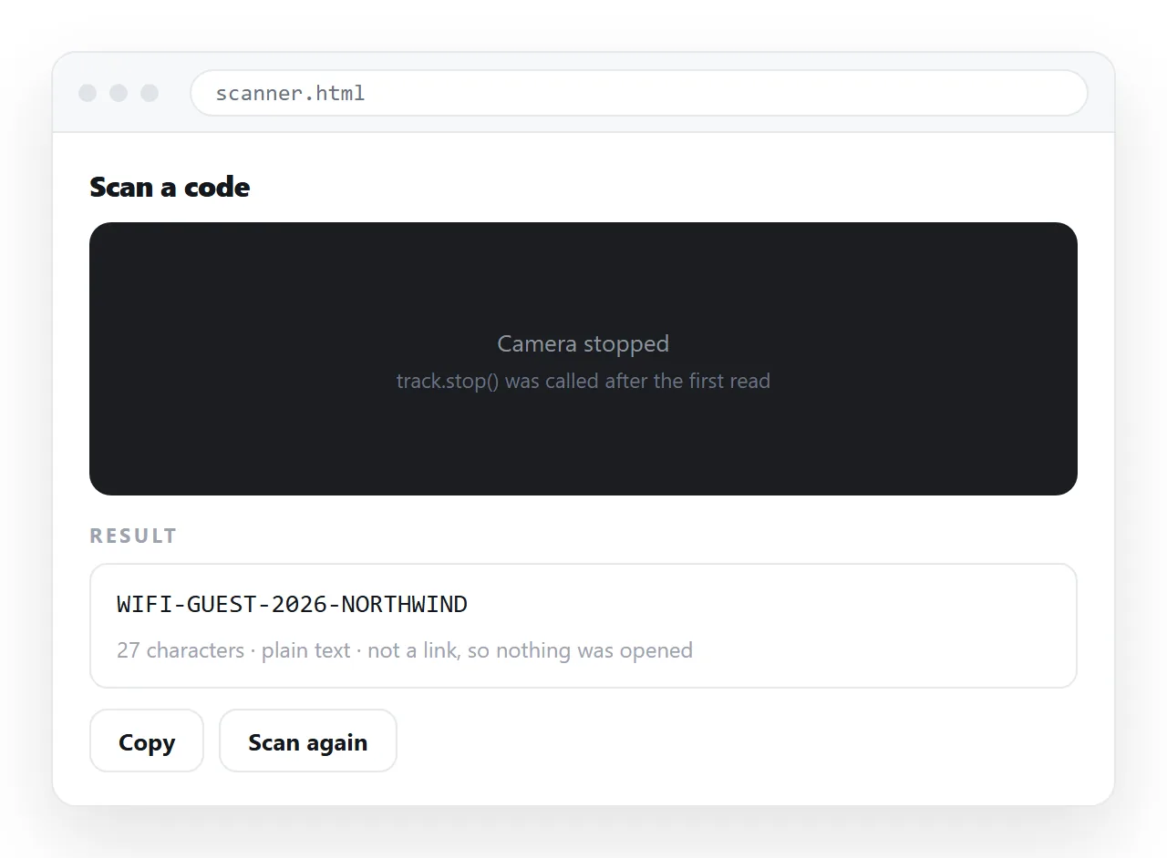 The page after a successful read, showing the decoded string as text with the camera stopped.