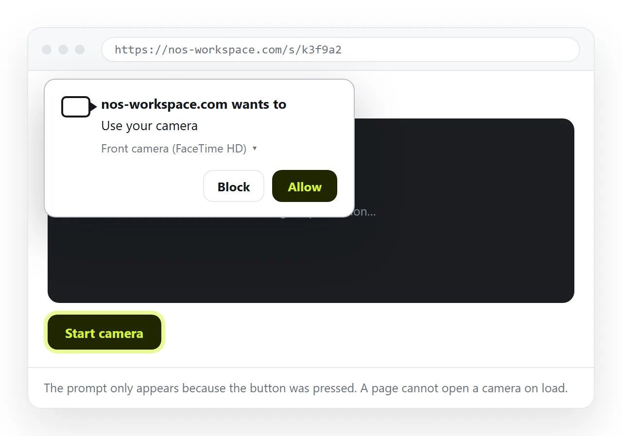 The browser's camera permission prompt appearing after the start button is pressed.