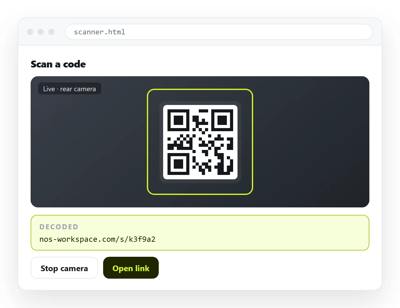 A browser page showing a live camera view with a decoded value printed beneath it.
