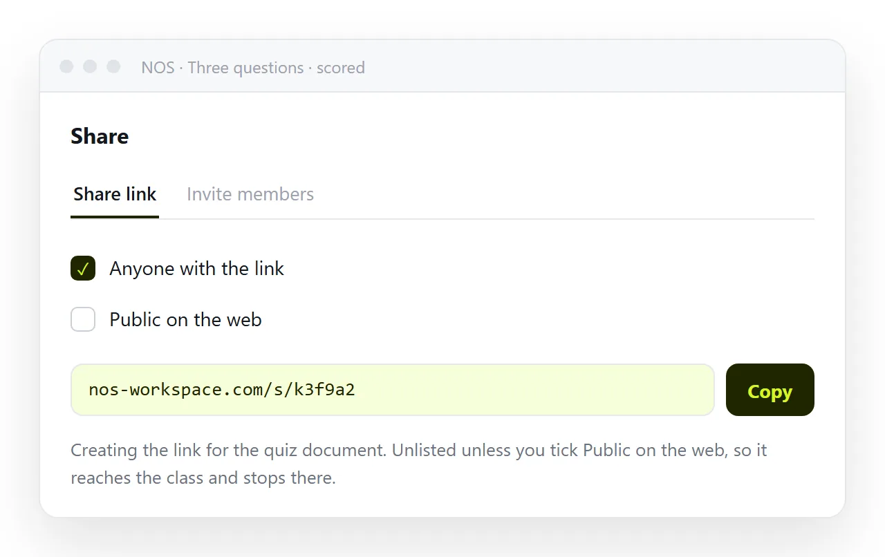 Creating the share link for the quiz document. Unlisted unless you make it public.