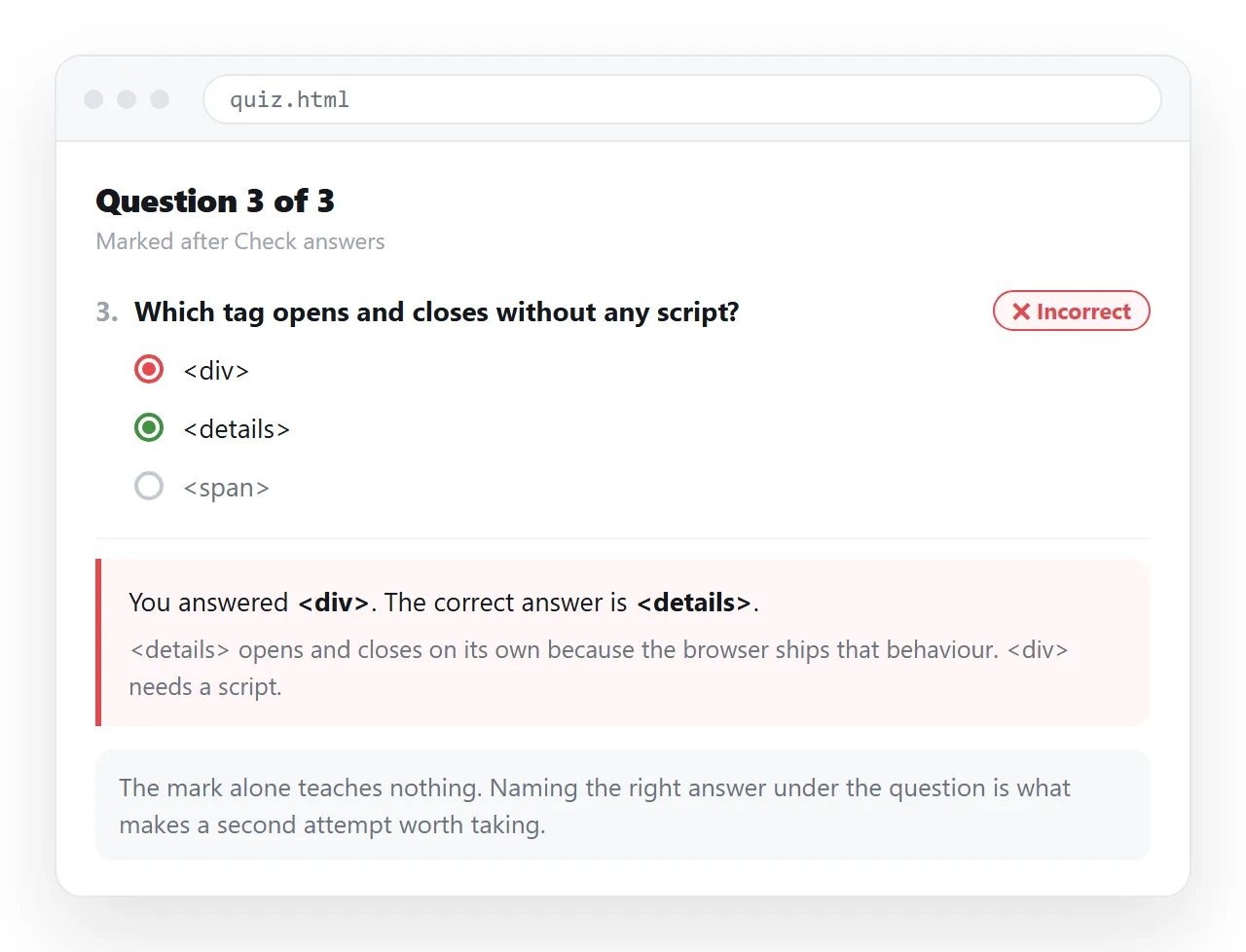 A question marked incorrect, with the correct answer named underneath.