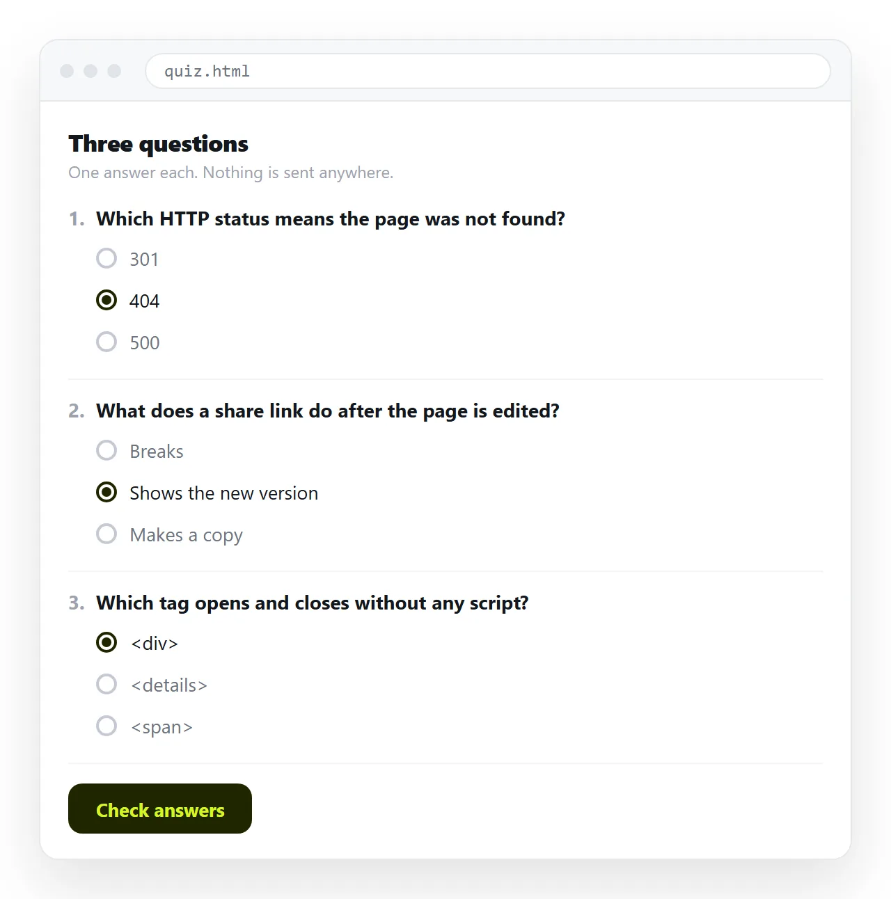 A quiz page with three questions, each a group of radio options.