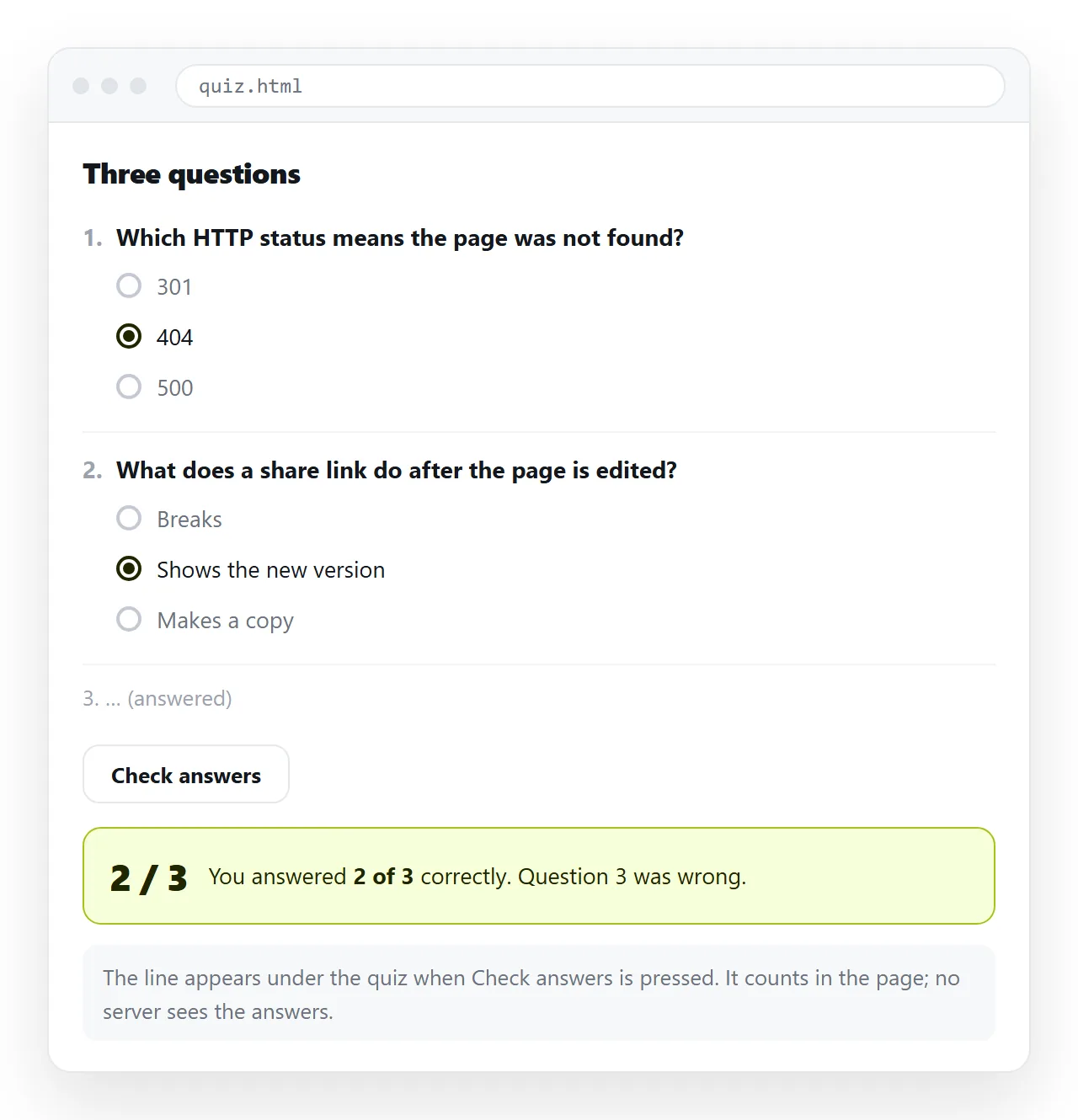 The result line under the quiz after checking, showing the number correct.