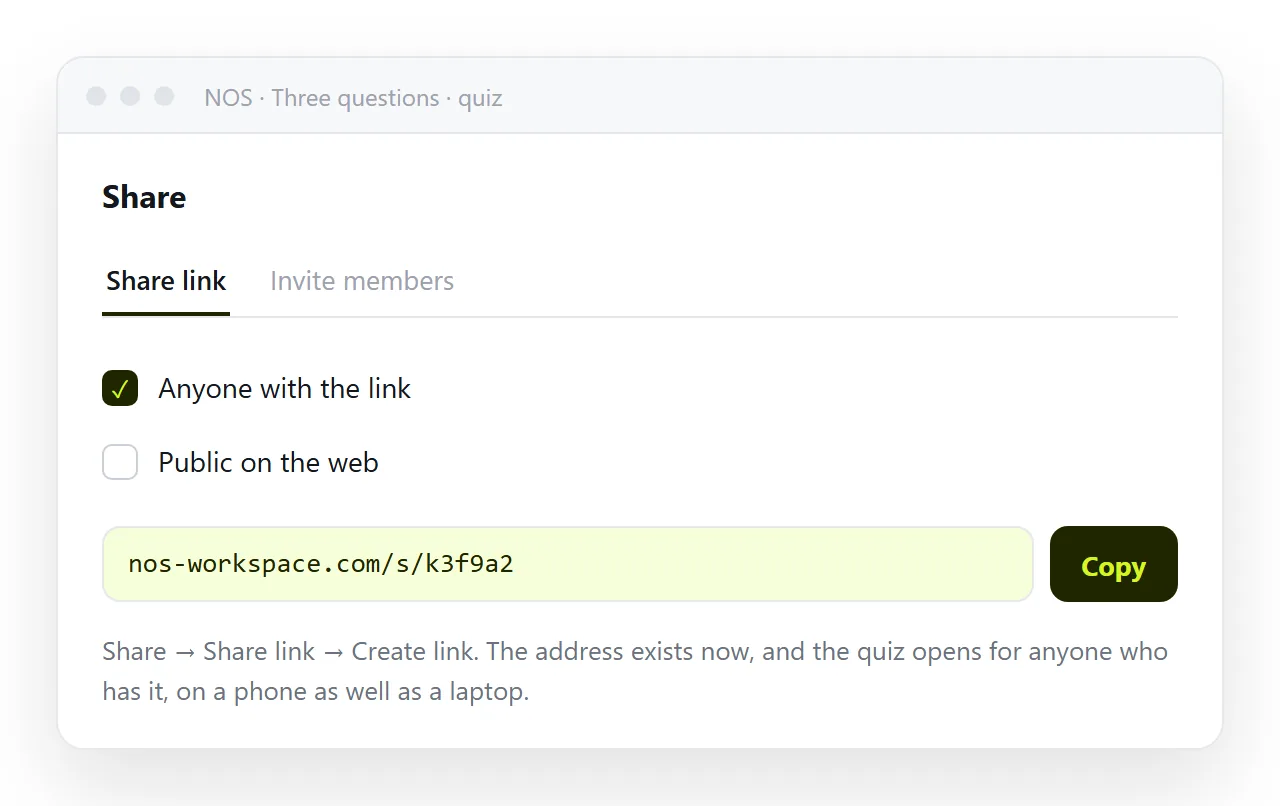 Share, then Share link, then Create link. The quiz opens for anyone with the address.