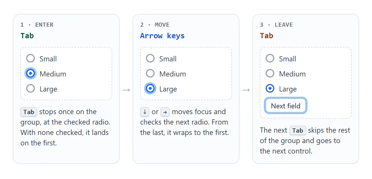 Tab enters the group at the checked radio, the arrow keys move and check, Tab leaves.