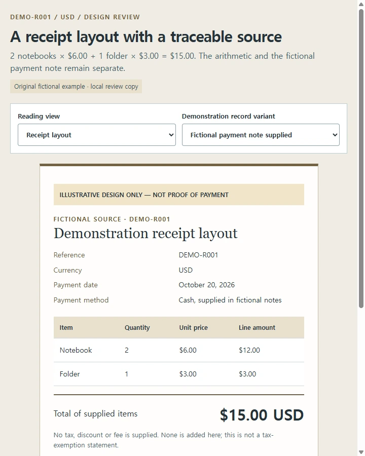 A receipt layout with a traceable source